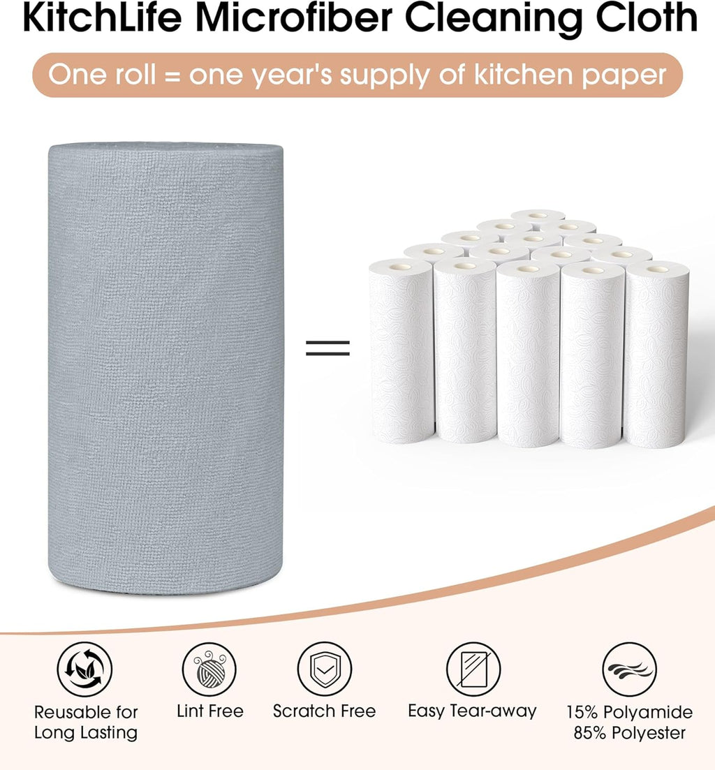 KitchLife Microfiber Cleaning Cloth Roll, 100 Pack - Tear-Away Microfiber Paper Towels, Lint-Free, Reusable, Washable for Kitchen, Car, Dishes, and Sensitive Surfaces (Grey)