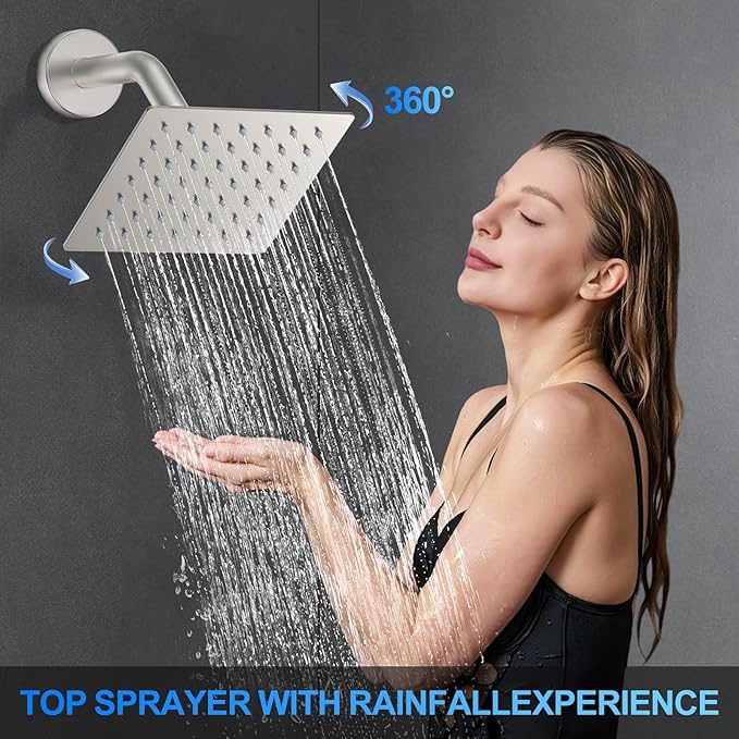Shower Faucet Set, 10" Ceiling Mount Rainfall Shower System with 2 Rain Shower Head and Multi-function Handheld Head Push Button Diverter Shower Faucet Trim Kit Brushed Nickel