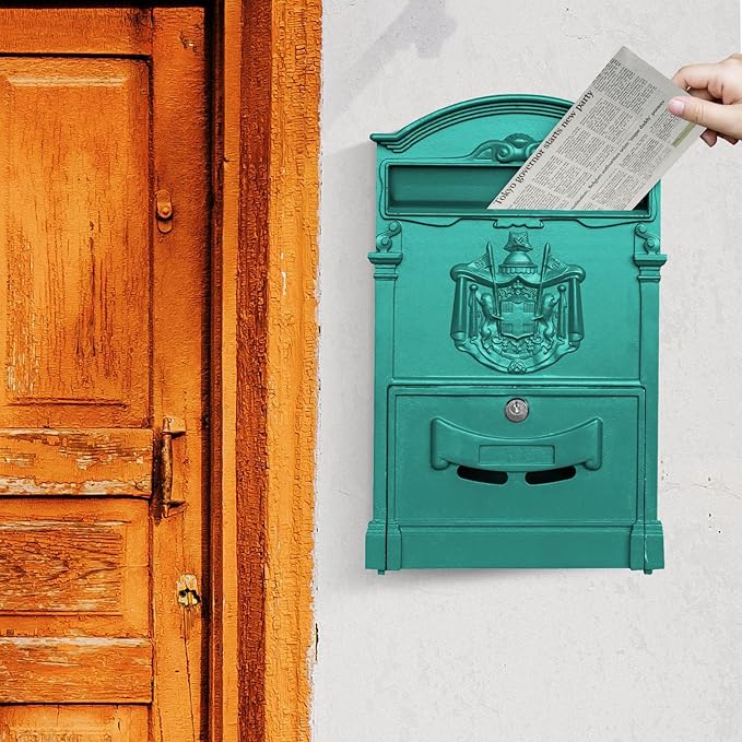 Vintage Wall-Mount Locking Mailbox for House, Rust-Resistant Galvanized Steel Outdoor Mailbox with Key Locks, Green