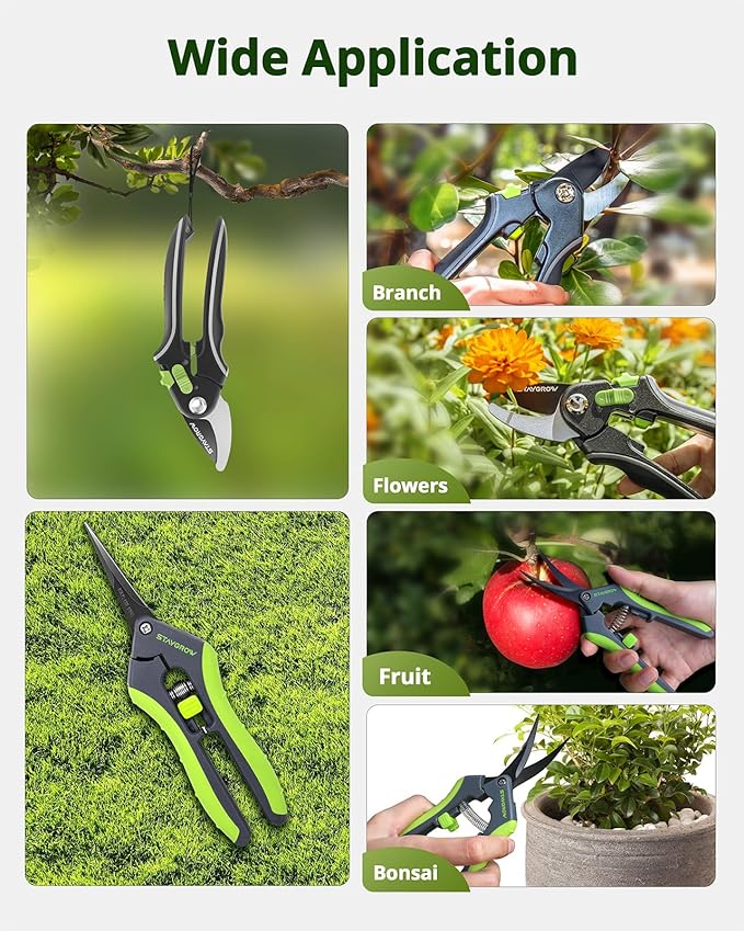 Pruning Shears for Gardening 2 Pack, 8.5" Bypass Garden Clippers and 6.5" Curved Garden Shears, Pruners with Super Sharp Stainless Steel Blades, Safety Lock, Gardening Gifts for Men Women