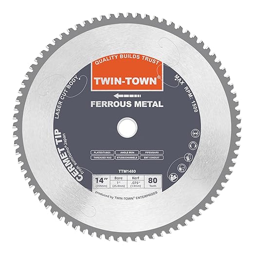 TWIN-TOWN 14-Inch 80 Teeth Dry Cut Mlid Steel and Ferrous Metal Cermet Saw Blade with 1-Inch Arbor