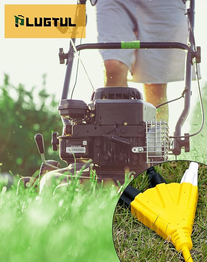 PLUGTUL 10FT Outdoor Extension Cord with Multiple Outlets, 14 Gauge, 3-Outlet, SJTW, 15A 14AWG 1875W SJTW, ETL Listed - Great for Garage, Garden and Home, Yellow