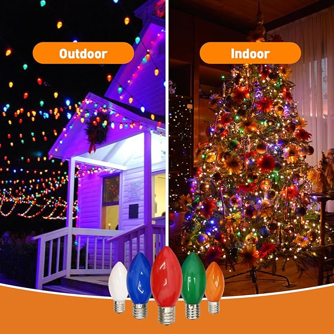 C7 LED Replacement Bulbs, 25 Pack Multicolor Christmas Light Bulbs for Outdoor String Lights, Patio Xmas Tree Holiday Party Wedding Prom Decor, E12 Candelabra Base