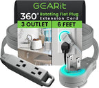 GEARit 360 Rotating Flat Plug Short Extension Cord with 3 Outlets (6ft, Gray) 16AWG/13A 3 Prong Wire, Outlet Saver for Home Office Dorm Room Essentials, ETL Certified