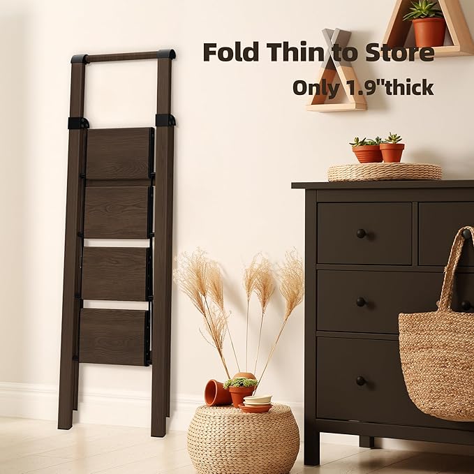 HillhutApex 4 Step Foldable Aluminum Step Ladder with Handgrip, Anti-Slip Pedal, 330lbs Capacity, Lightweight & Portable for Home, Kitchen, Office, Garage (Walnut)