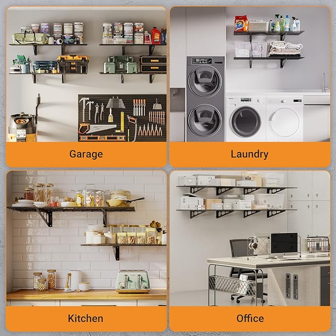 2x4 ft Garage Shelving, 2-Pack Wall-Mounted Shelves for Garage, Kitchen, Pantry Storage, 400 lbs Total Load Capacity Wall Shelving, Black