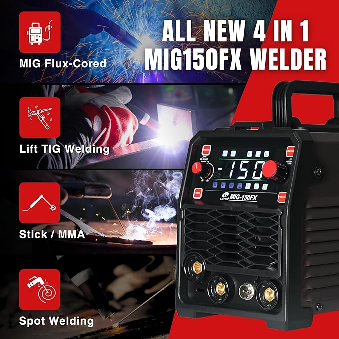 150A MIG Welder, 3-in-1 Synergic MIG Flux Core/MMA/TIG Welding Machine, 120V Portable IGBT Inverter with Large LED Display, 2T/4T/Spot Modes, Wire Feed 0.030"/0.035"