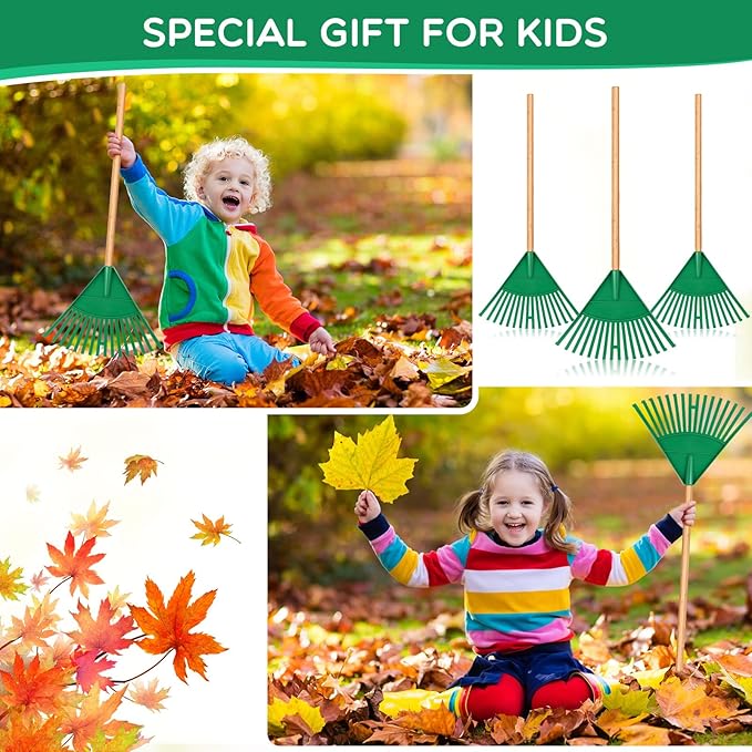 Macarrie Pack of 3 Kids Rakes with Hardwood Handle Lawn Garden Rake for Kids Gifts to Sweep Fall Leaves in Lawn and Tidying up The Garden Made of Wood and Plastic, 34.6 Inch (Green)