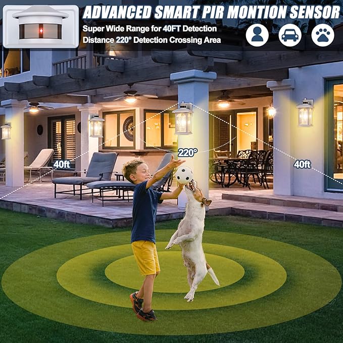 Motion Sensor Outdoor Wall Sconce, White Dusk to Dawn Motion Sensor Lighting, Smart & Waterproof Wall Lights & Exterior Light Fixture, Porch Lights with Rippled Glass for Garage House