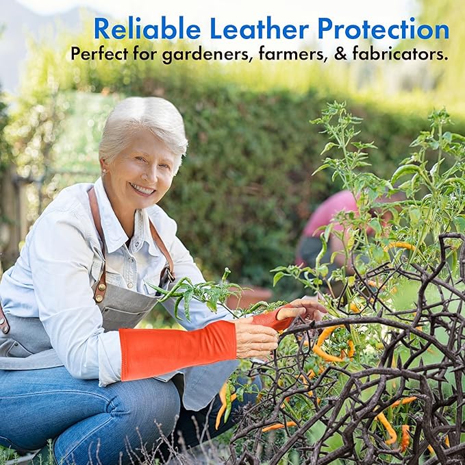 Arm Chaps Leather Protective Sleeves Arm Guard - Prevent Cuts, Scratches & Bruises - Genuine Cowhide - Ideal for Gardening & Construction - Left & Right Form-Fitting. Orange (1 Pair/Medium).