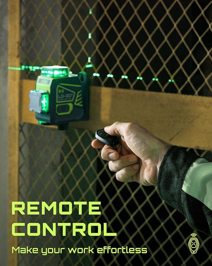 LasGoo Laser Level 3x360° Self Leveling, 3D Green Cross Line Laser for Construction and Picture Hanging, Rechargeable Battery, Remote Control, Magnetic Rotating Stand Included - LG-3Dx