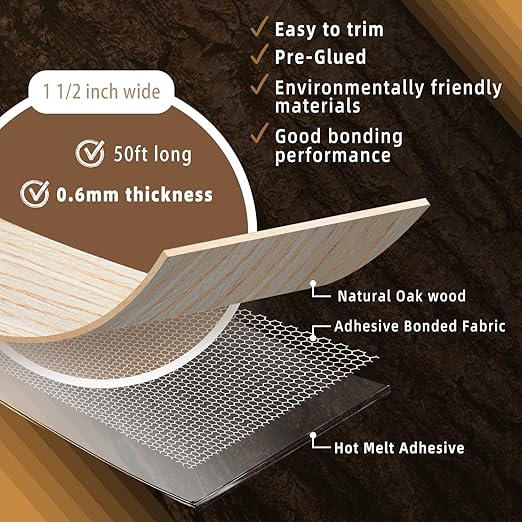 GSCIT Club Oak Edge Banding, 1 1/2 inch x 50ft roll of Veneer Edge Banding -Pre-glued Flexible, Real Wood Tape Banding for Cabinet Repair Furniture Restoration