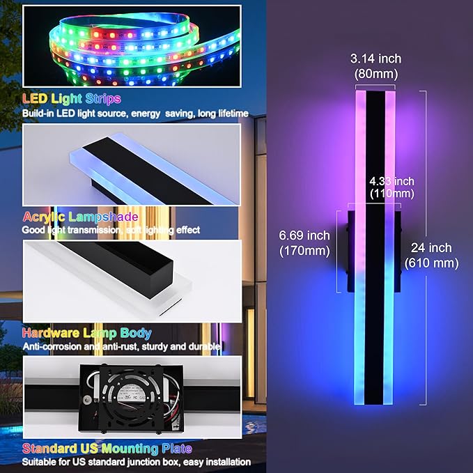 TODOLUZ 2-Pack 24-Inch Outdoor RGB Wall Light Fixture, IP65 Waterproof 16W Dimmable LED Linear Wall Sconce Lighting with Remote Control for Porch Garage Party Gathering
