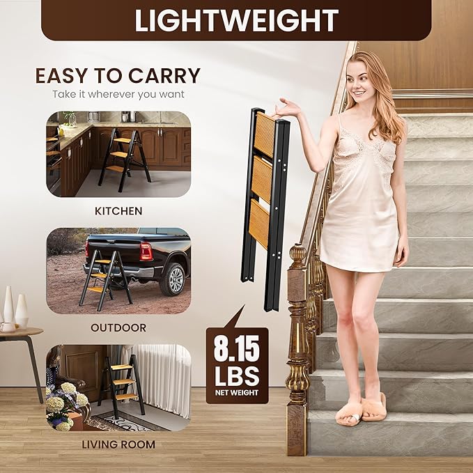 GameGem 3 Step Ladder, Aluminum Folding Step Stool with Anti-Slip Sturdy and Wide Pedal, Lightweight Portable Stepladder for Home and Kitchen Use Space Saving, 330 lbs, Black Woodgrain