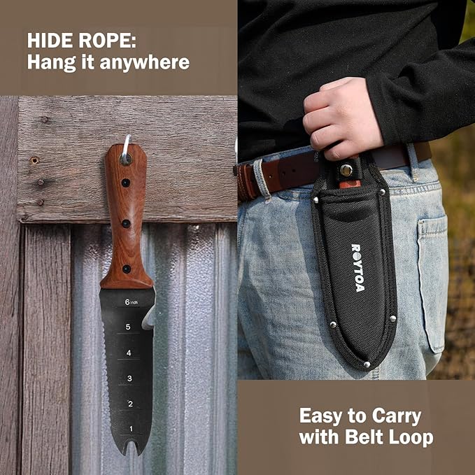 Hori Hori Garden Knife, Garden Tools with Sheath for Weeding,Planting,Digging, 7" Stainless Steel Blade with Cutting Edge, Rosewood Handle with Hanging Hole