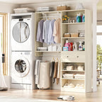 Closet System with Drawer - Reversible 5FT Wood Closet Organizer System with 2 Hanging Rods and Adjustable Shelf, Walk In Closet Organizers with Shoe Rack, Built-In Garment Rack, White Oak