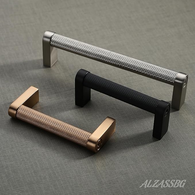 Alzassbg 10 Pack Matt Black Cabinet Pulls, 3 Inch(76mm) Hole Centers Cabinet Handles Kitchen Hardware Knurled Drawer Handle Pull AL3101MB
