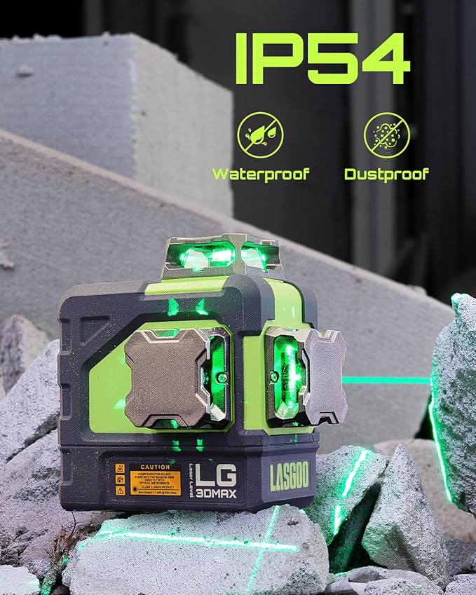 LasGoo LG-3DMAX 3x360° Green Laser Level, 3D Self-Leveling Cross Line Laser with 2 Rechargeable Lithium Batteries, Fine-Tuning Bracket Adapter, Green Laser Enhancement Glasses, and Hard Carrying Case