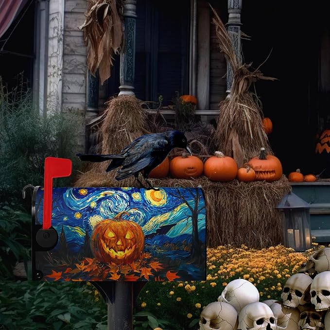 Halloween Pumpkin Magnetic Mailbox Cover Large Size 25.5 x 21 Van Gogh's Starry Night Mailbox Wraps Cover Oil Painting Decorations Post Box Cover for Garden Yard Outdoor Decor