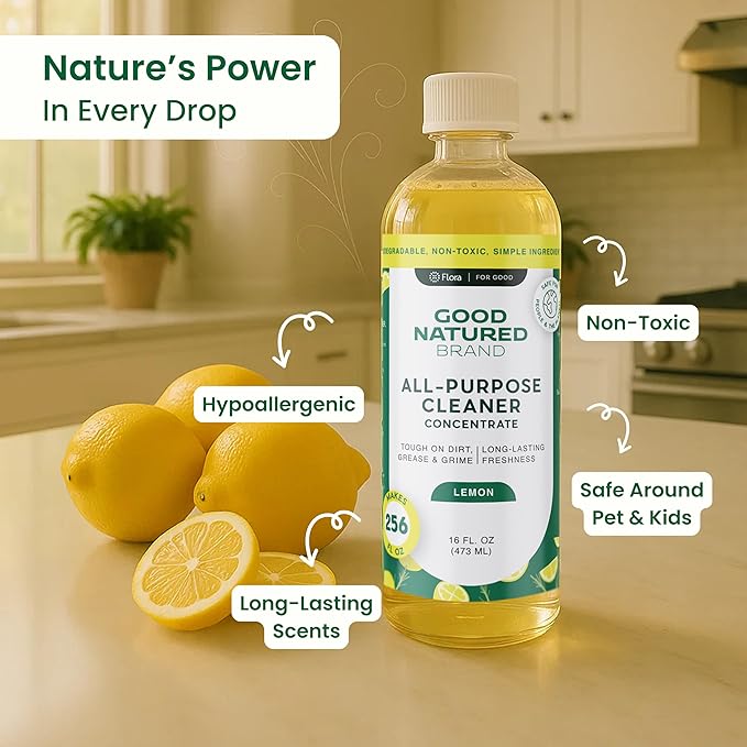 Good Natured Brand All-Purpose Cleaner Concentrate | Multi-Surface Cleaner | Natural Lemon Essential Oil | Multipurpose Cleaner Concentrate All Surfaces | Lemon Love | 16oz makes 256oz