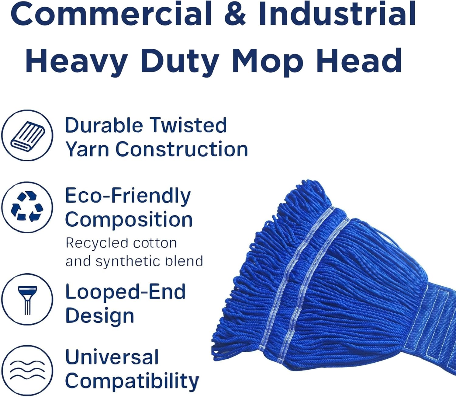Blue Whales Commercial Mop Heavy Duty Industrial Mop Head Replacement, Looped End String Head Refill, Lint Free, Ideal for Cleaning Service Companies & Homeowners – Fits Clamp & Jaw Handles