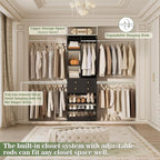 Closet System, 4.2–8.8 FT Closet Organizer with 2 Wooden Drawers and Shelves, Walk-in Closet System with 5 Hang Rods, Built-in Reach in Closet Tower, Can Fit 60 to 96 inch, Black