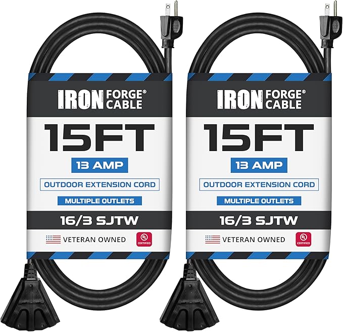 Iron Forge Cable 2 Pack 15 Ft Black Extension Cord with 3 Outlets - 16/3 SJTW 15 Foot Extension Cord 3 Prong, Weatherproof Power Cable for Outdoor
