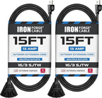 Iron Forge Cable 2 Pack 15 Ft Black Extension Cord with 3 Outlets - 16/3 SJTW 15 Foot Extension Cord 3 Prong, Weatherproof Power Cable for Outdoor