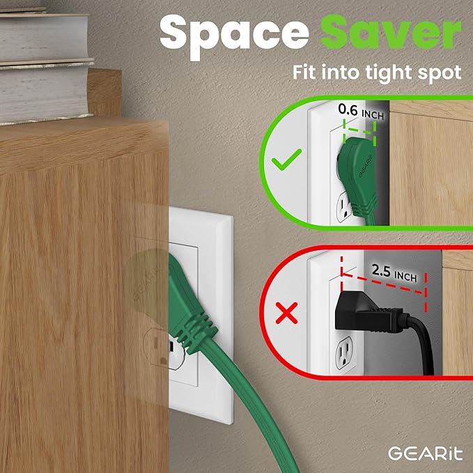 GEARit 360 Rotating Flat Plug Short Extension Cord with 3 Outlets (4ft, Green) 16AWG/13A 3 Prong Wire, Outlet Saver for Home Office Dorm Room Essentials, ETL Certified