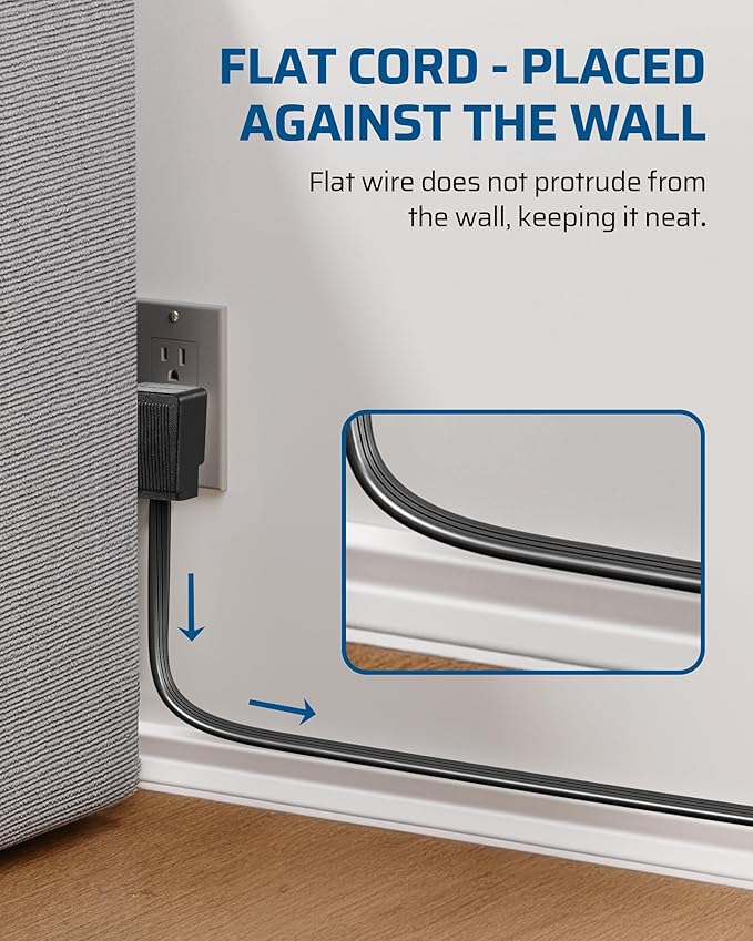 DEWENWILS 15FT Flat Plug Extension Cord, 3 Prong Ultra Thin Power Strip, 13A/125V/1625W, 16/3 Awg Grounded Flat Power Cable for Indoor Narrow Space, SPT-3 Cord, ETL Listed, Black