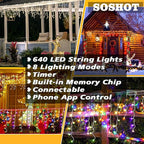 Christmas String Lights Outdoor - 49Ft/15M 640 LED 8 Modes with Remote Control and App Waterproof Christmas Lights for Patio Yard Garden Wedding Party-Warm White to Multicolor