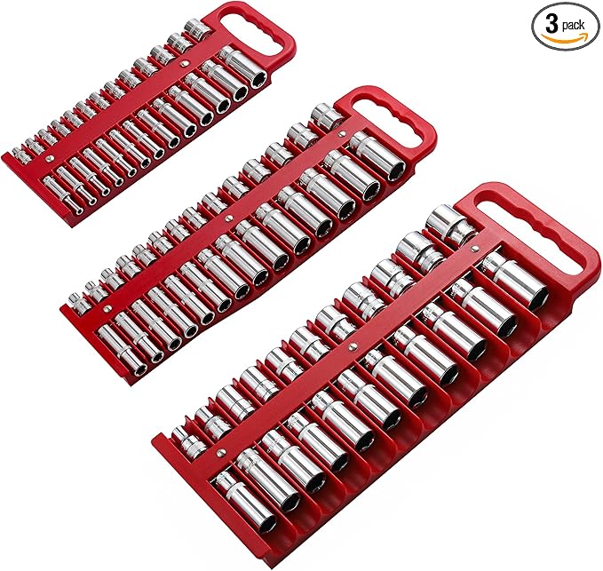 Magnetic Socket Organizer Set, 3-Piece Red Portable Magnetic Socket Holder Tray, Heavy Duty Socket Racks For 1/2-inch& 3/8-inch& 1/4-inch Drive, Hold 76 Sockets - Fit Shallow&Deep Sockets