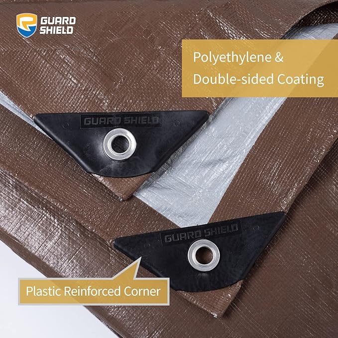 GUARD SHIELD Tarps Heavy Duty Waterproof 10x20 Feet Brown/Silver Poly Tarp Cover Outdoor Thick UV Resistant Tarpaulin with Grommets 10mil (2-Pack)