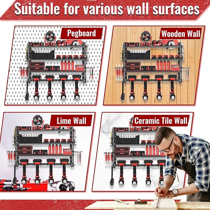 Power Tool Organizer Wall Mount, Metal Power Tool Storage Rack with Screwdriver Holder, Garage Tool Storage Shelves with Screwdriver Holder Plier Holder (Black, 4 Drills Holder)