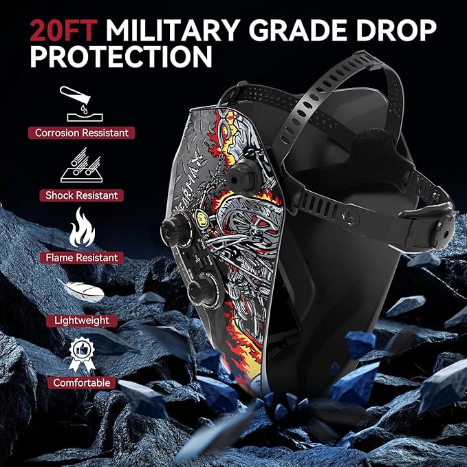 ARCCAPTAIN Auto Darkening Welding Helmet, 3.94"X3.66" Large Viewing Screen True Color Welding Hood with 4 Arc Sensor Solar Powered, Wide Shade 4-5/5-9/9-13 Welding Mask (Skeleton Rider)