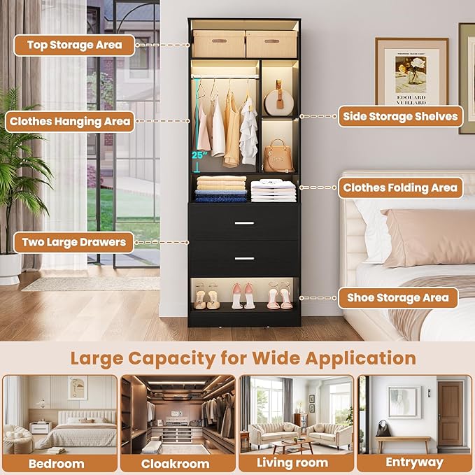 Freestanding 24" Closet System with 2 Wood Drawers, 2FT Small Closet Organizer System with 6 Shelves & Hanging Rod, Walk-in Closet Systems for Small Closets, Black (24"L x 15"W x 80"H)