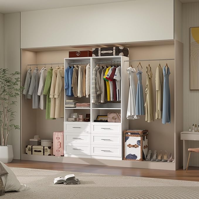 Closet System with 6 Drawers, Modular Closet Organizer System with 4 Hanging Rod, Custom Closet Storage Solution for Small Walk-in Closet, 2 Sets, White (4FT)