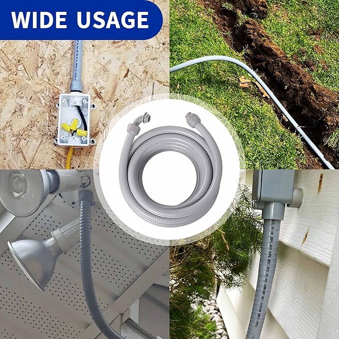 (3/4" Dia * 50 Feet) Yariwiz Flexible Electrical Conduit Liquid Tight PVC Conduit Kit with 5 PCS Coupling, 3 PCS Elbow and 10 PCS Strap, Sealtight Seal Flex Liquidtight Wire Outdoor Non Metallic Grey