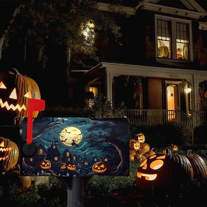 Halloween Pumpkin Castle Mailbox Covers Magnetic Standard Size 21x18 Inch Spooky Witch Mailbox Cover Moon Night Letter Post Box Wraps for Garden Yard Outdoor Decor