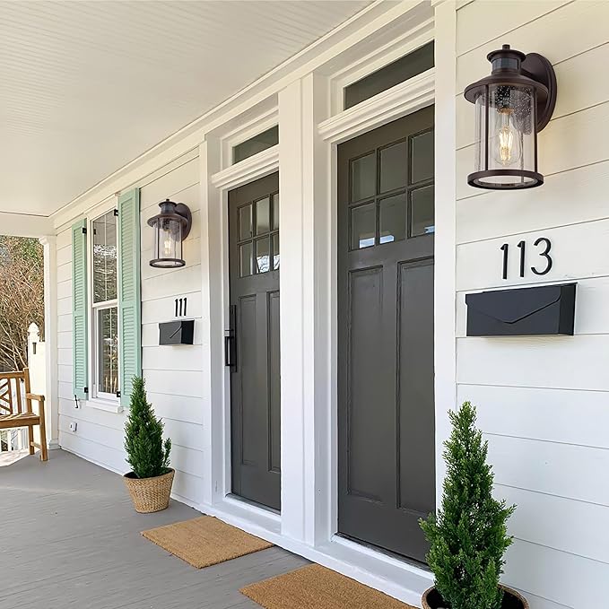 MICSIU 11.5 Inch Motion Sensor Exterior Wall Sconce 2 Pack, Dusk to Dawn Outdoor Lighting with Clear Seedy Glass, Oil Rubbed Bronze Outside Lights for Porch, Garage, Doorway, Pathway.