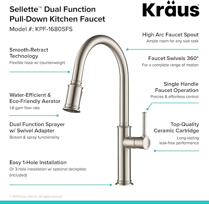 KRAUS Sellette Single Handle Spot Free Stainless Steel Pull-Down Kitchen Faucet with Deck Plate and Soap Dispenser, KPF-1680SFS-KSD-80SFS