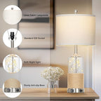 25" Coastal Glass Lamps Set of 2, Touch Control 3-Way Dimmable Night Light Modern Table Lamp with USB A+C Ports & AC Outlets Linen Fabric Shade for Living Room Bedroom Silver Ocean(LED Bulbs Included)