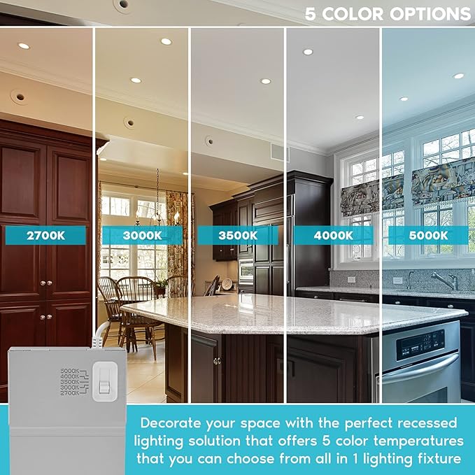 LUXRITE 12-Pack 4 Inch Ultra Thin LED Recessed Lighting, 10.5W, 5 Color Selectable 2700K | 3000K | 3500K | 4000K | 5000K, CRI 90, 750 Lumens, Dimmable LED Wafer Lights, Wet Rated, Baffle Trim