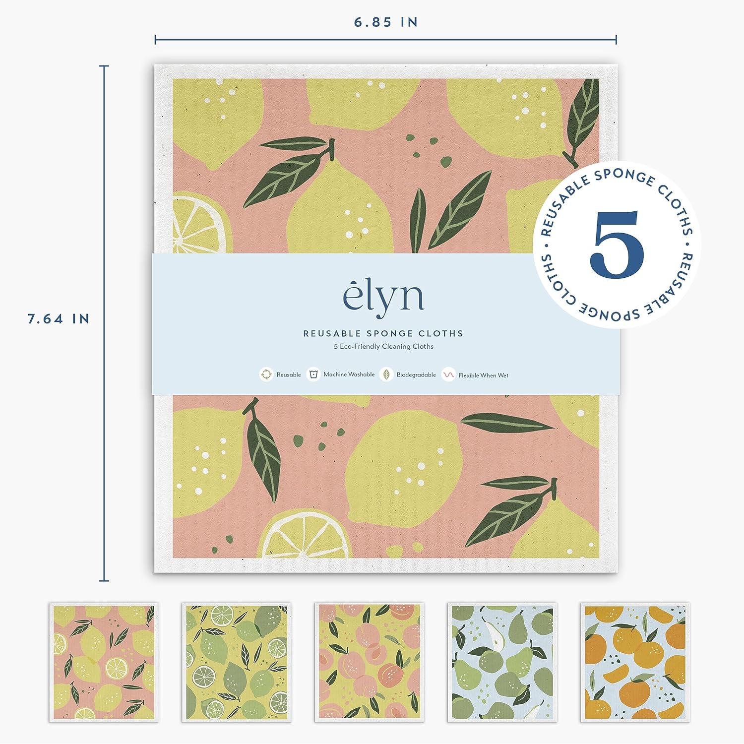 ELYN Swedish Dishcloths, Reusable & Washable Sponge Cloths, Absorbent Cleaning Paper Towels for Kitchen, Dishes, Counters and More, 5 Pack, Assorted Fruit Pattern