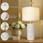 23.5" Ceramic Table Lamp Set of 2, Table Lamps for Living Room, Bedside Lamps with 3-Way Dimmable Bulb, Lamps for Night Stands with Linen Shade, Farmhouse Lamp with Rotary Switch (Bulb Included)