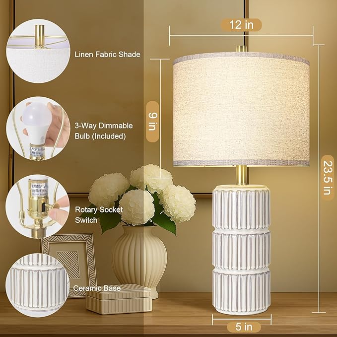 23.5" Ceramic Table Lamp Set of 2, Table Lamps for Living Room, Bedside Lamps with 3-Way Dimmable Bulb, Lamps for Night Stands with Linen Shade, Farmhouse Lamp with Rotary Switch (Bulb Included)