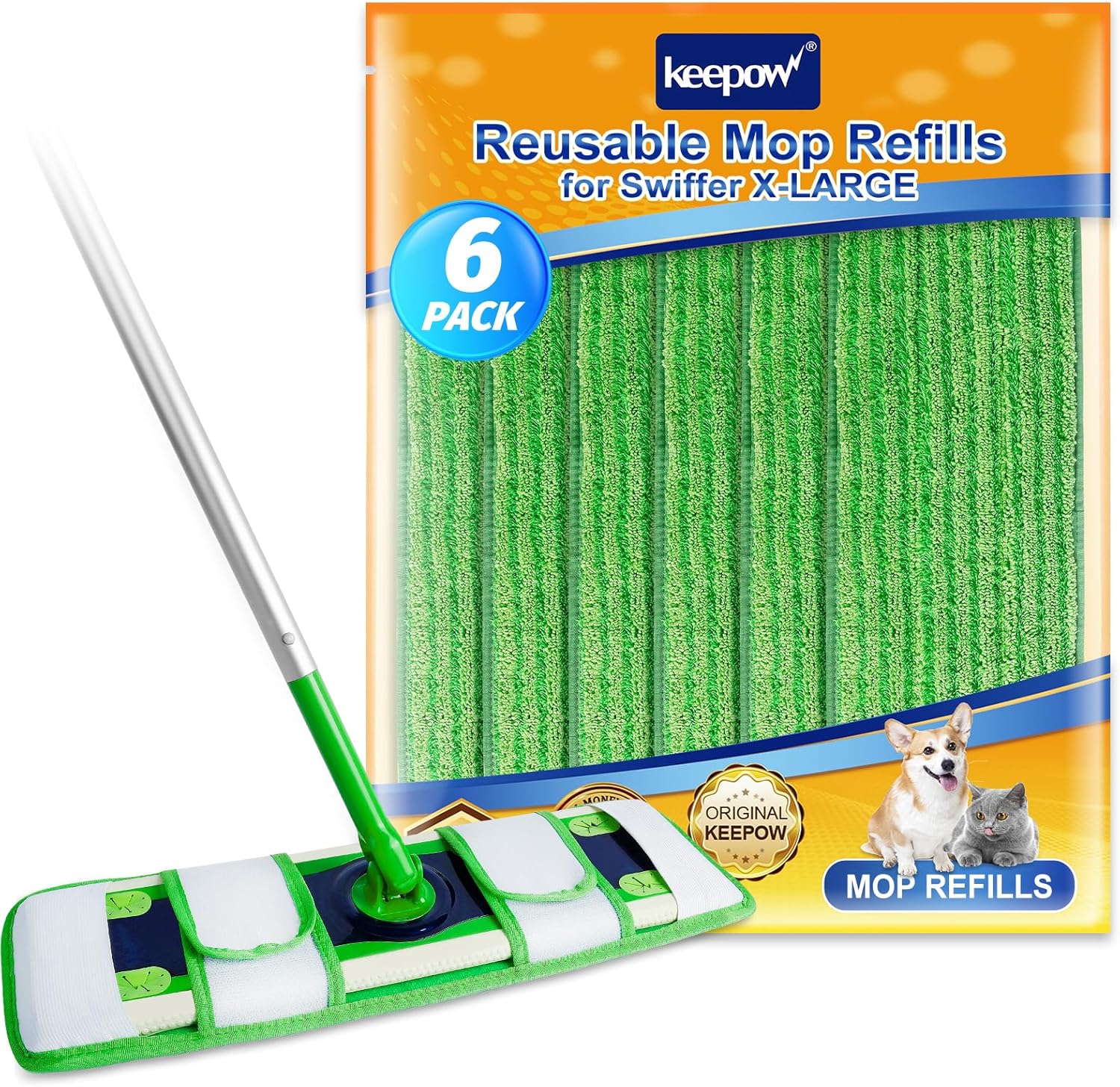 KEEPOW XL Mop Pads Compatible with Swiffer Sweeper XL, 6 Pack Wet Pads Refills Dry Sweeping Cloths, Reusable Pads for X-Large