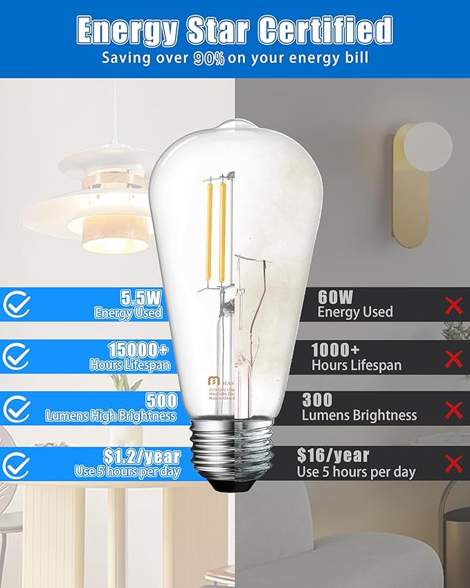 MASTERY MART 6 Pack Vintage Edison Bulbs, E26 Led Bulb 5.5W Equivalent to 60W, Dimmable, 5000K Daylight White, High Brightness Antique ST19, Clear Glass
