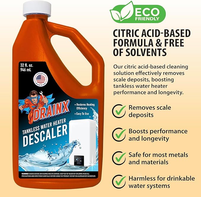 DrainX Tankless Water Heater Flushing Kit with Eco-safe Liquid Descaler Solution, Steel Hoses, 1/6HP Extra Strength Pump