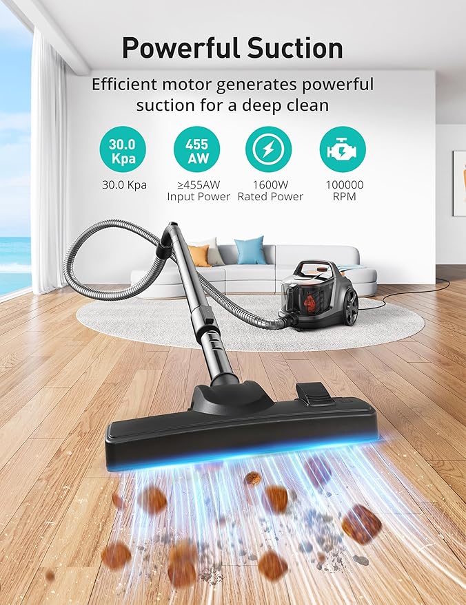 Aspiron Canister Vacuum Cleaner, 30Kpa Bagless Vacuum Cleaners, 3.7QT Large Dust Cup, Double HEPA Filter, Retractable Cord, 1600W Lightweight Vacuum Cleaner with 5 Tools for Hard Floors, Tangerine